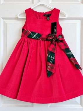 George Girls' Bright Red Velvet Dress with Green-Red Plaid Bow